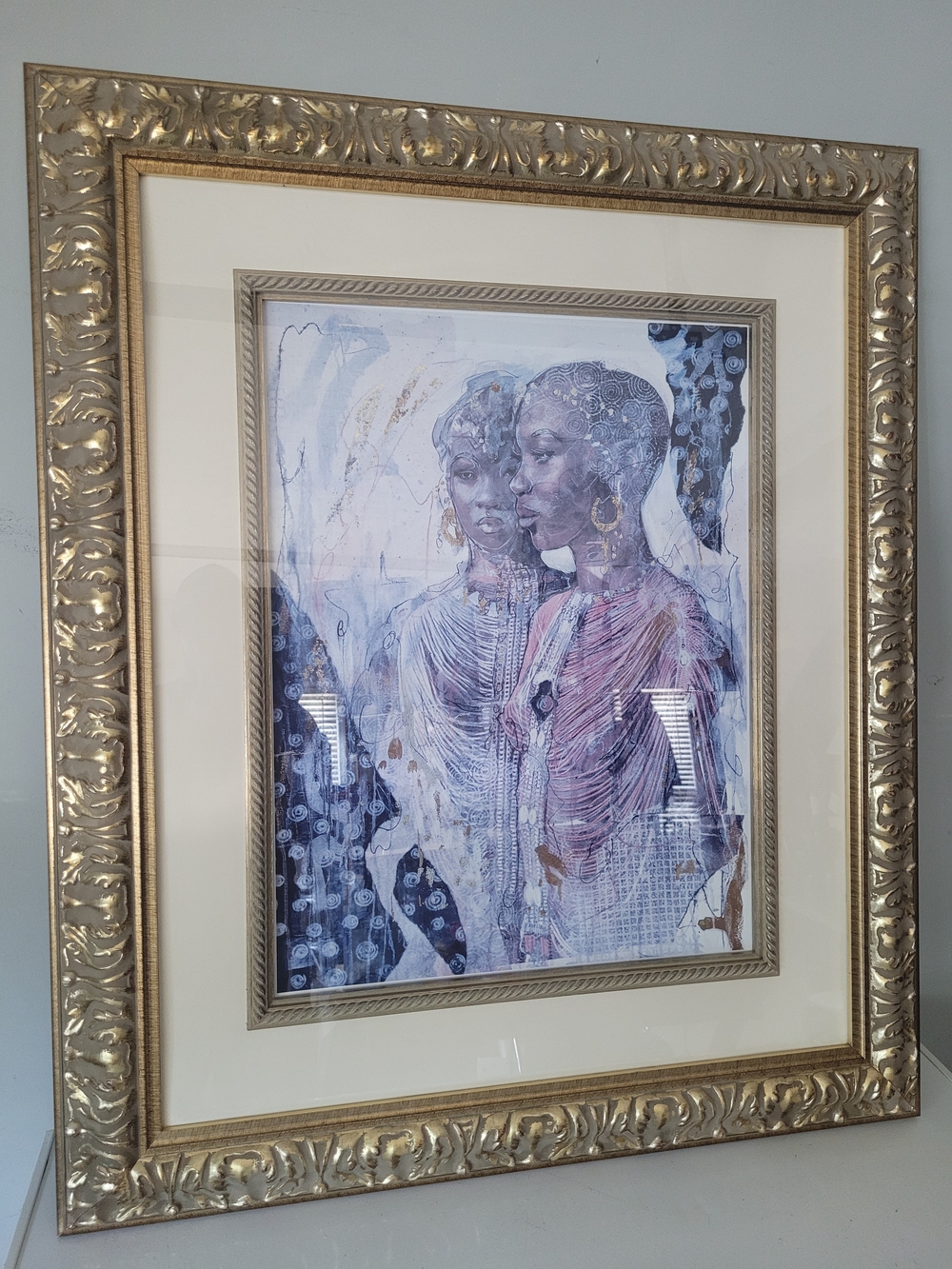 We are Sisters, Elegant Purple and Cream   Afrocentric Art Print with Gold Frame